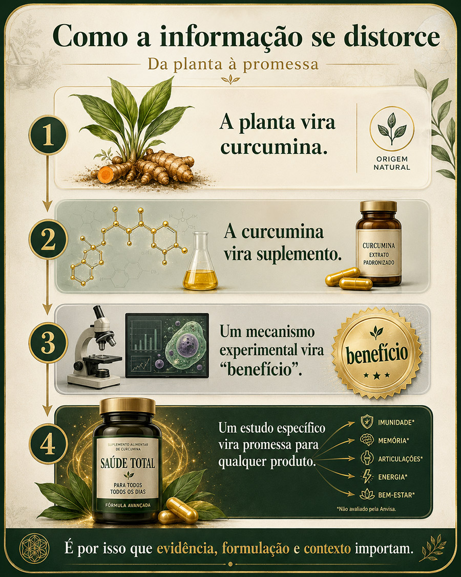 Infográfico mostrando como a cúrcuma é transformada em curcumina, suplemento e alegações de benefícios, destacando a importância da evidência científica, formulação e contexto.
