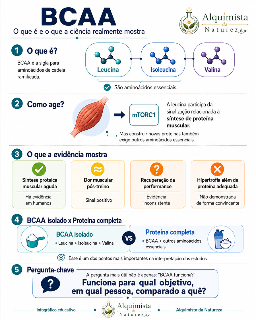 BCAA: o que é, para que serve e o que a ciência realmente mostra BCAA em pó com coqueteleira, elementos de laboratório e representação molecular em composição científica e natural.