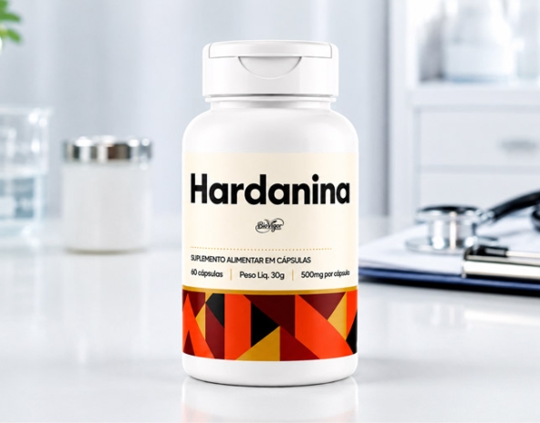 Fotografia de um frasco do suplemento alimentar Hardanina posicionado sobre uma bancada clínica branca, ladeado por um estetoscópio e um prontuário médico. O rótulo evidencia a formulação em 60 cápsulas (800mg por cápsula)