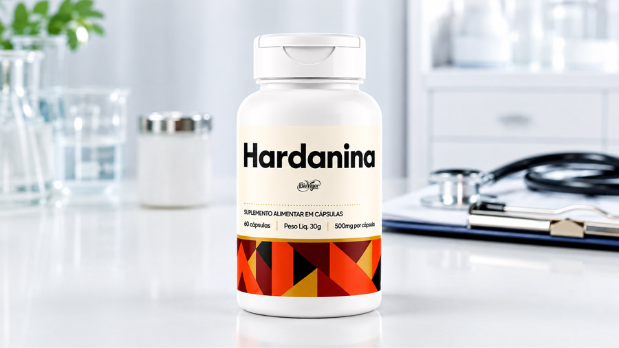 Fotografia de um frasco do suplemento alimentar Hardanina posicionado sobre uma bancada clínica branca, ladeado por um estetoscópio e um prontuário médico. O rótulo evidencia a formulação em 60 cápsulas (800mg por cápsula)