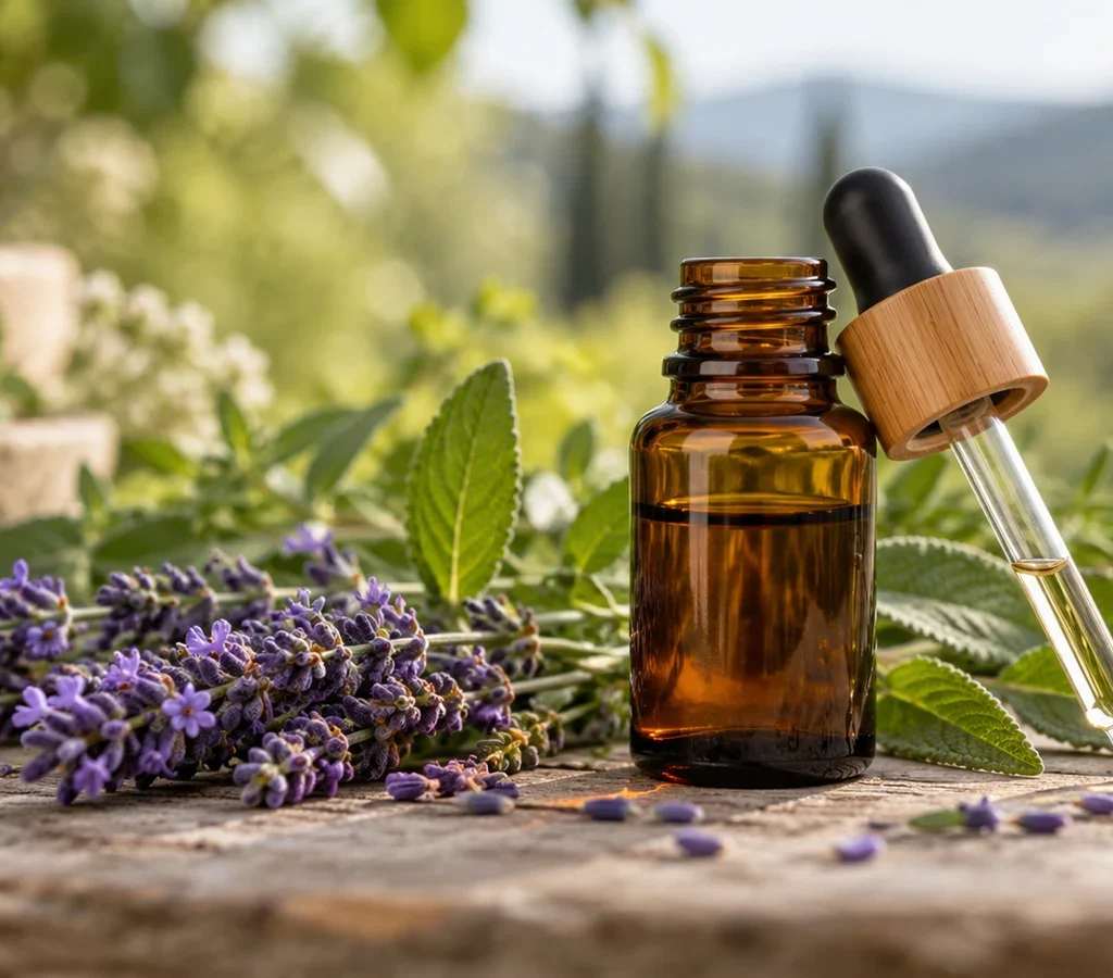 Imagem ilustrativa de óleo essencial, lavanda e folhas