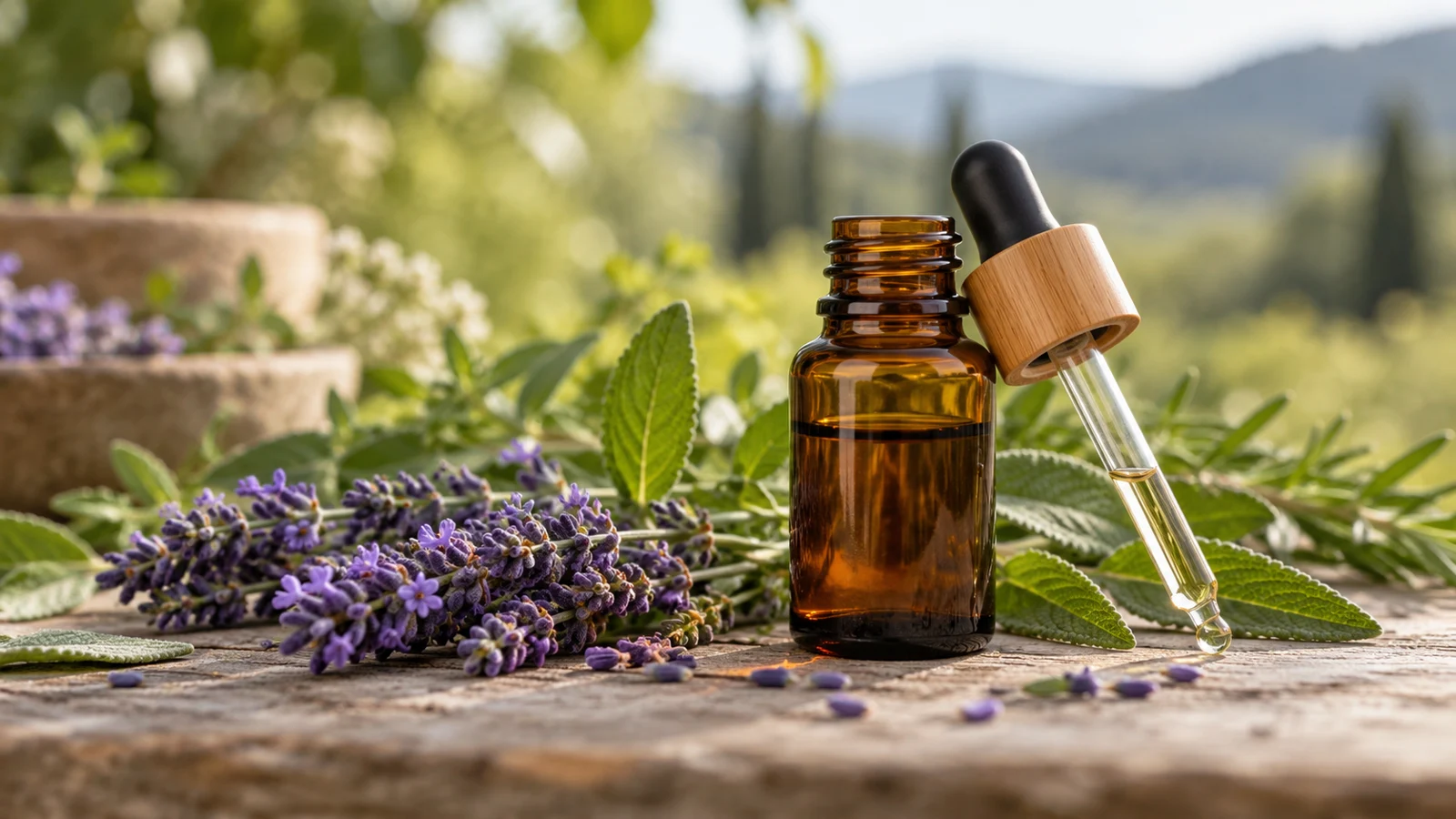 Imagem ilustrativa de óleo essencial, lavanda e folhas