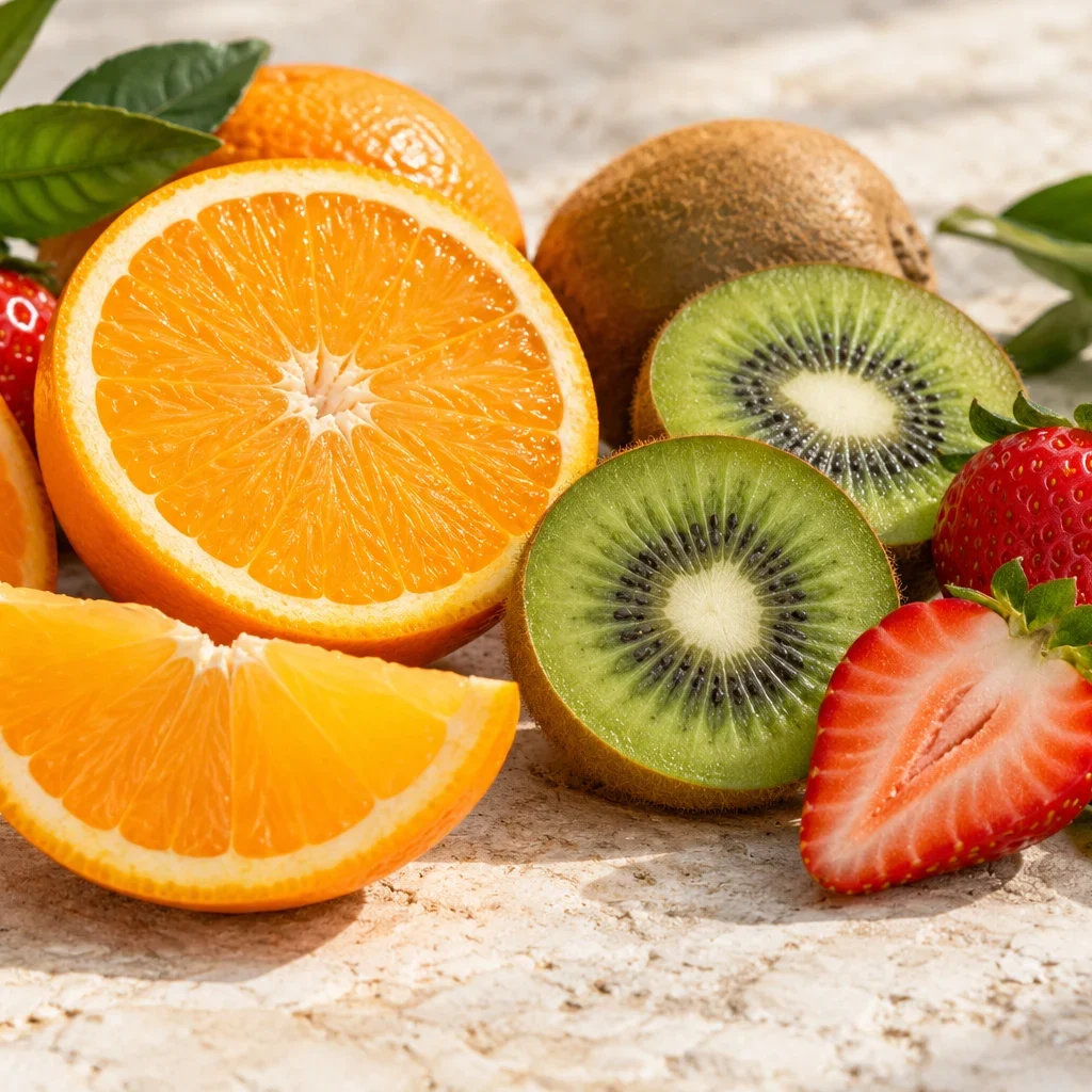 Imagem ilustrativa de laranja, kiwi e morangos