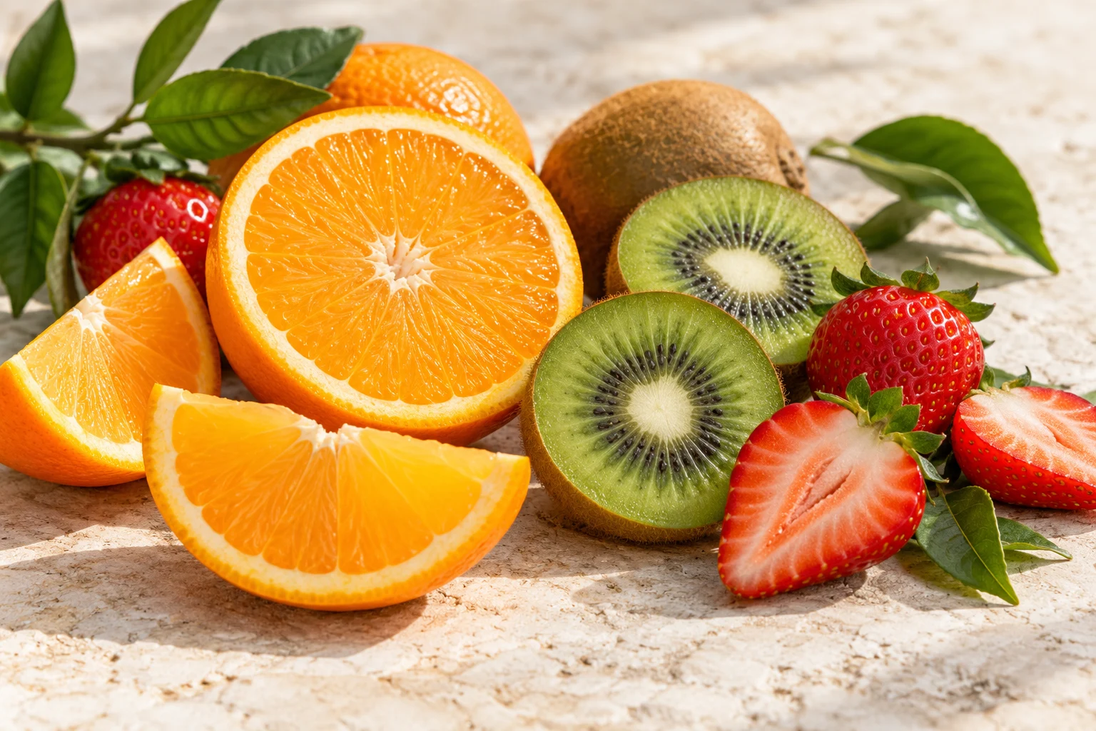 Imagem ilustrativa de laranja, kiwi e morangos