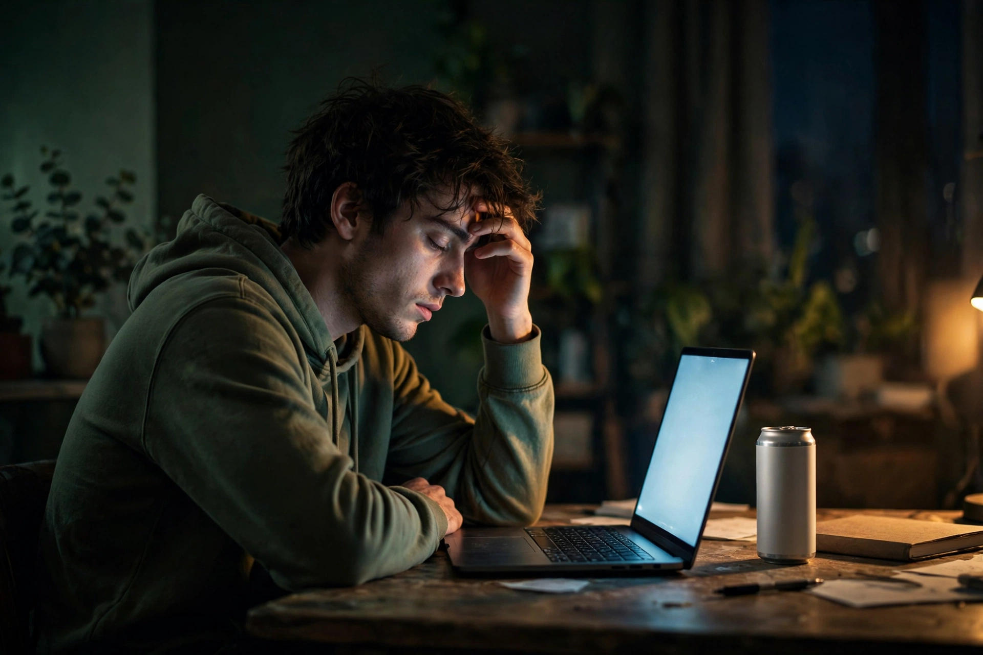 Jovem cansado diante do notebook à noite, com a mão na testa e uma lata de energético ao lado