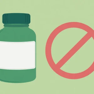 Frasco de suplemento com rótulo genérico sobre fundo verde claro, ao lado de um selo de proibição, ilustração editorial limpa