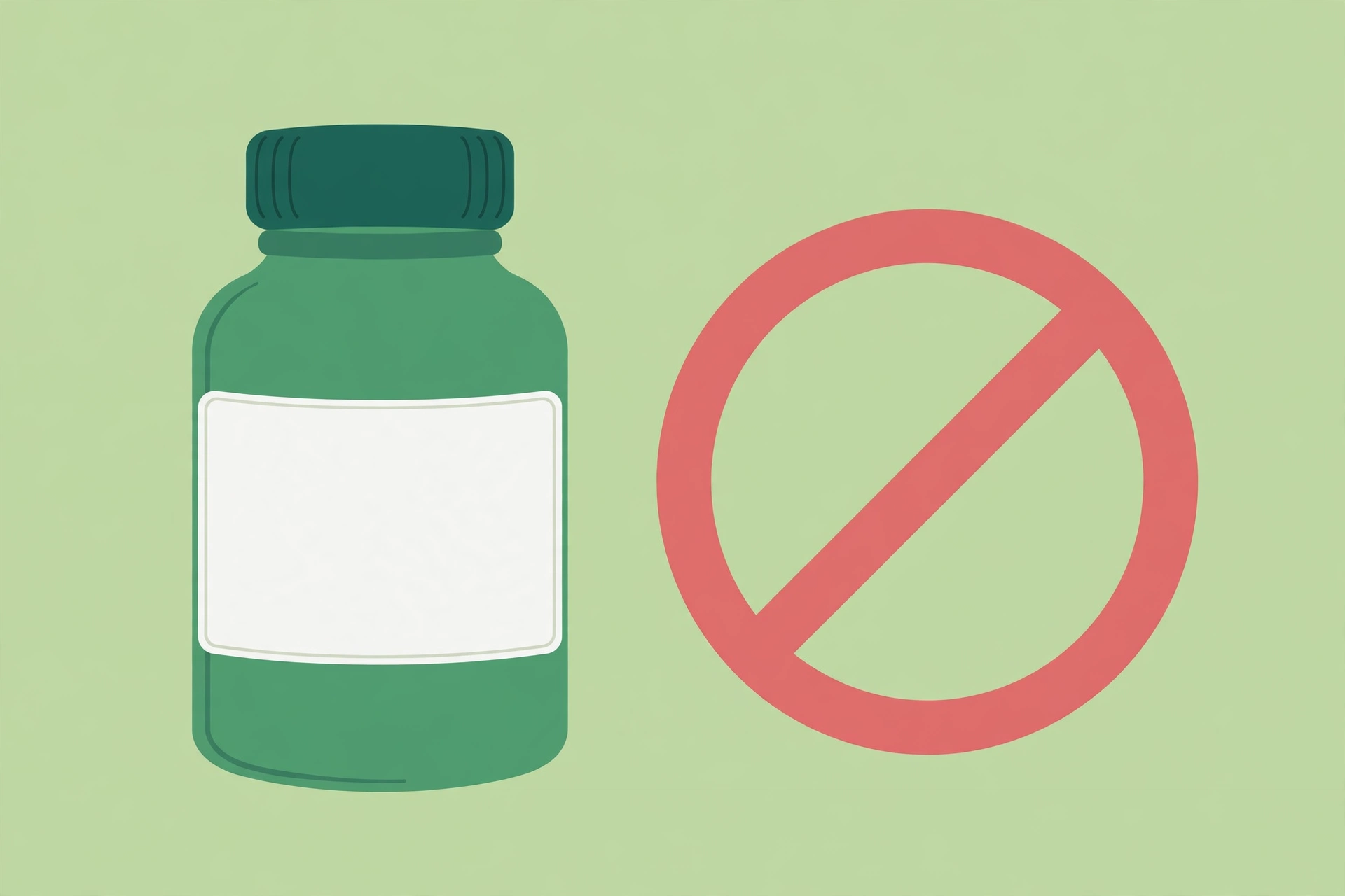 Ashwagandha Proibida no Brasil: o que diz a Anvisa Frasco de suplemento com rótulo genérico sobre fundo verde claro, ao lado de um selo de proibição, ilustração editorial limpa