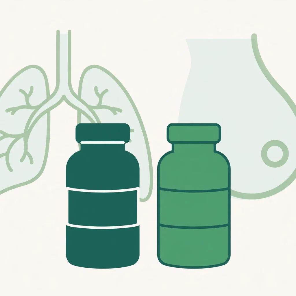 Ilustração de dois frascos de medicamento oncológico em tons de verde, com símbolos de pulmão e mama ao fundo