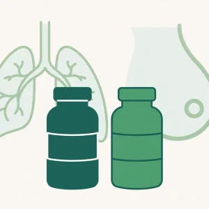 Ilustração de dois frascos de medicamento oncológico em tons de verde, com símbolos de pulmão e mama ao fundo