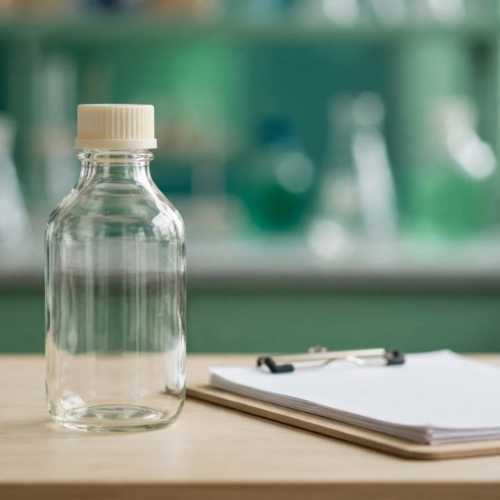 Frasco de substância em pesquisa sobre mesa de laboratório, em tons de verde, sem rótulo legível