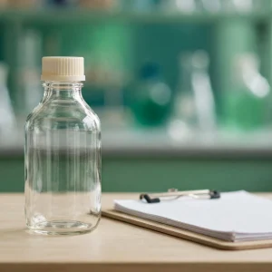 Frasco de substância em pesquisa sobre mesa de laboratório, em tons de verde, sem rótulo legível