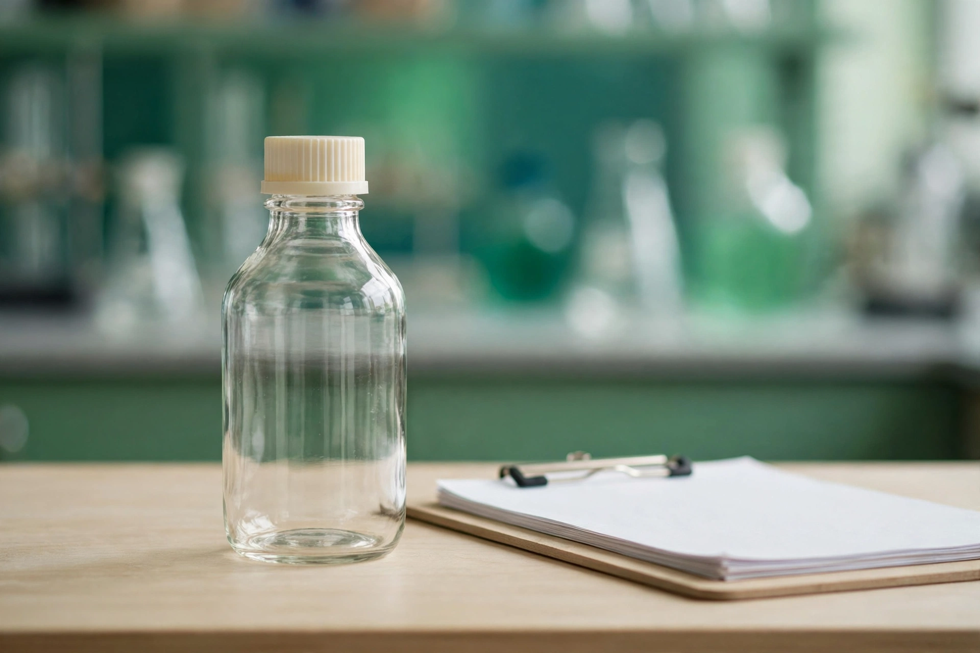 Polilaminina: Uso Compassivo Restrito pela Anvisa em 2026 Frasco de substância em pesquisa sobre mesa de laboratório, em tons de verde, sem rótulo legível