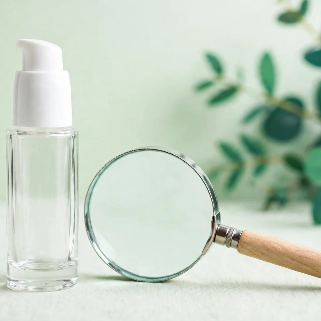 Frasco de cosmético para unhas sobre fundo verde claro, ao lado de uma lupa, representando a análise do rótulo pela Anvisa