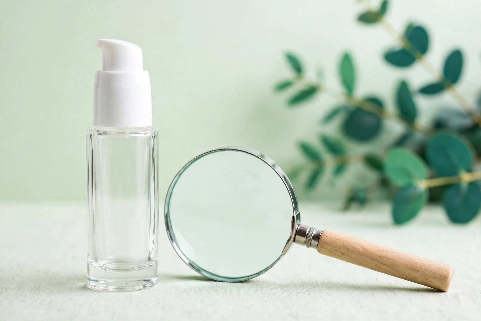 Frasco de cosmético para unhas sobre fundo verde claro, ao lado de uma lupa, representando a análise do rótulo pela Anvisa