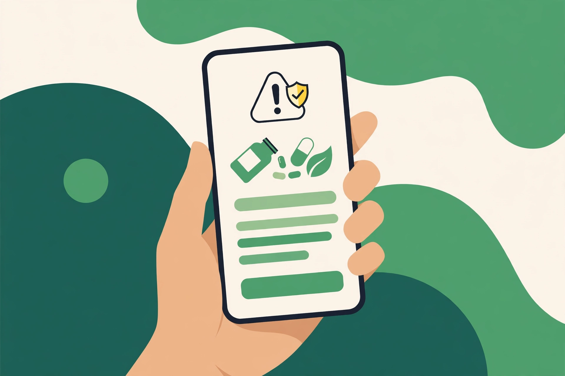 Ashwagandha Proibida no Brasil: o que diz a Anvisa Tela de celular mostrando um anúncio de suplemento com um aviso de verificação, ilustração editorial em tons de verde