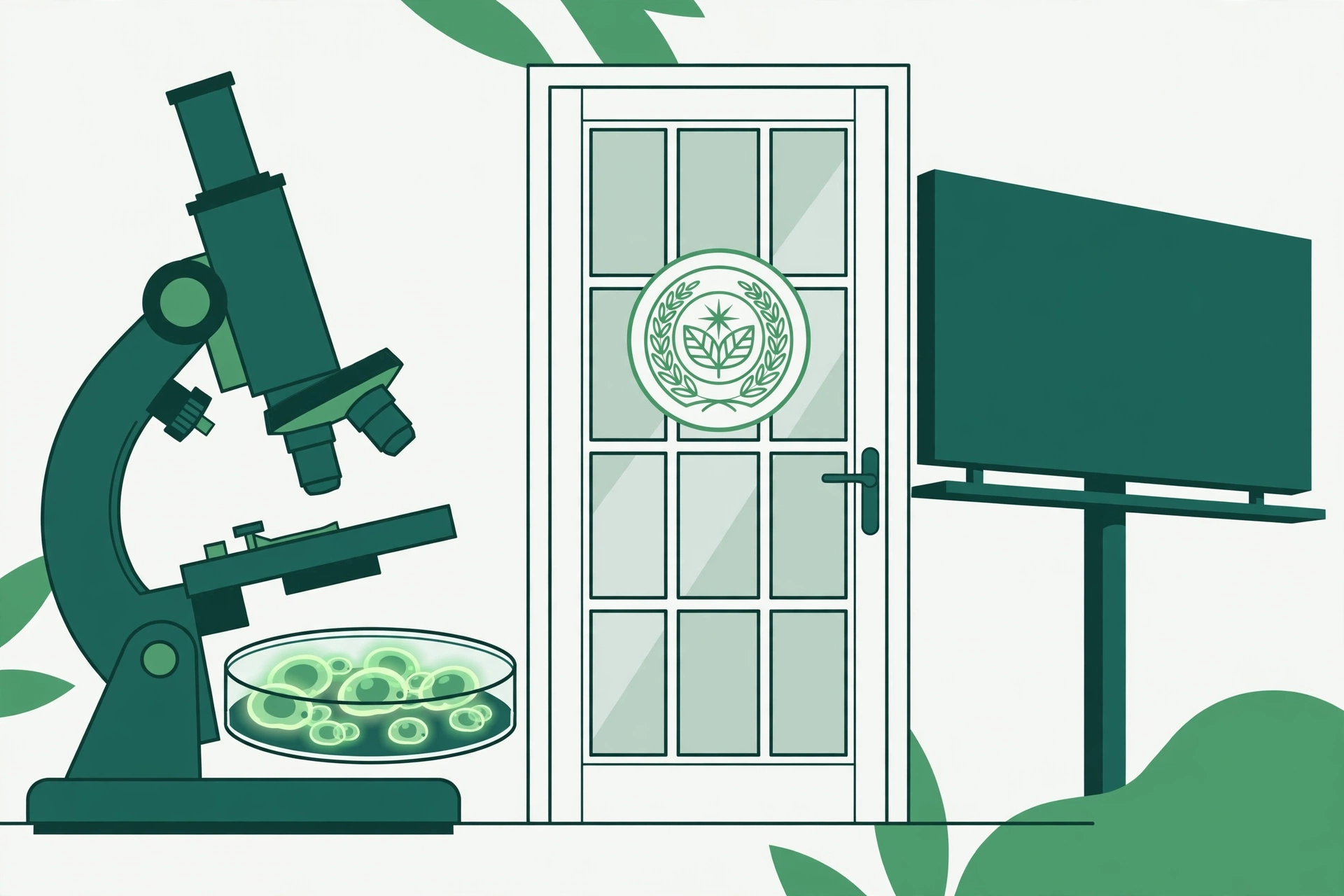 Microscópio e placa de laboratório com células ao lado de porta de vidro com selo verde oficial