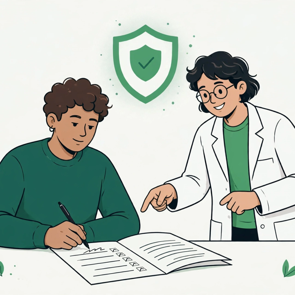 Ilustração de participante assinando documento ao lado de pesquisador com escudo de proteção em tons de verde