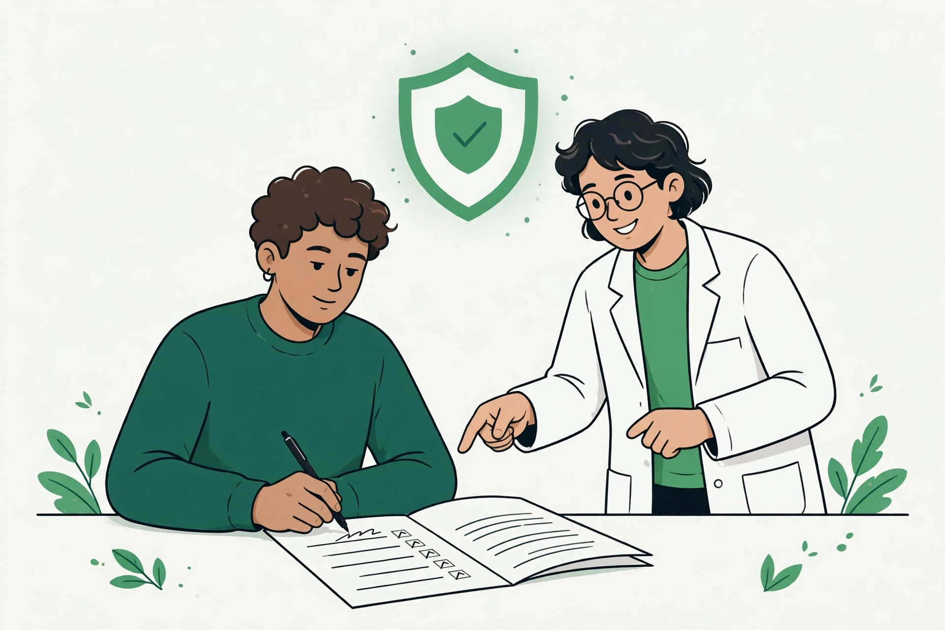 Ilustração de participante assinando documento ao lado de pesquisador com escudo de proteção em tons de verde