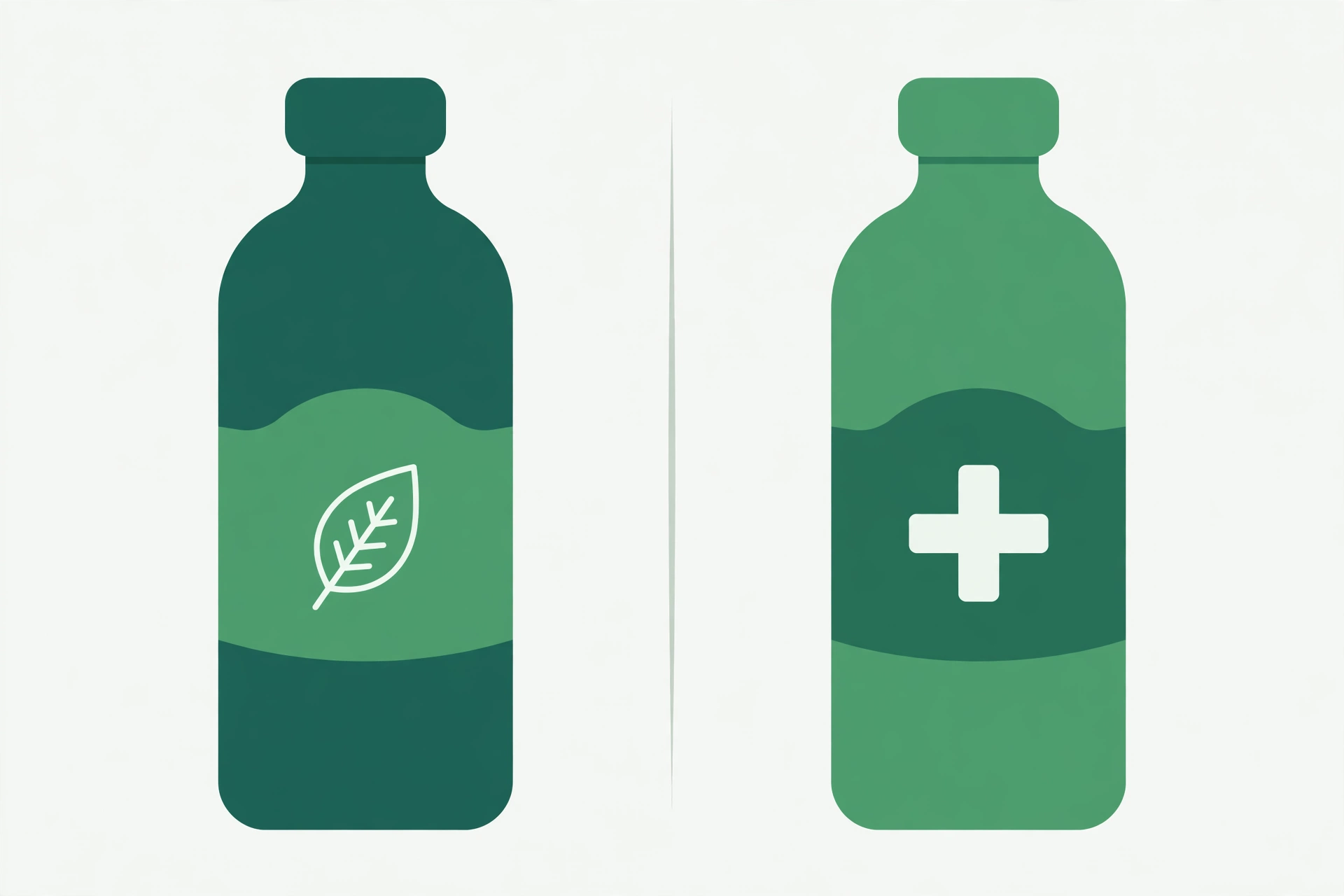 Dois frascos em tons de verde, um com ícone de folha e outro com cruz de farmácia, ilustrando cosmético e medicamento