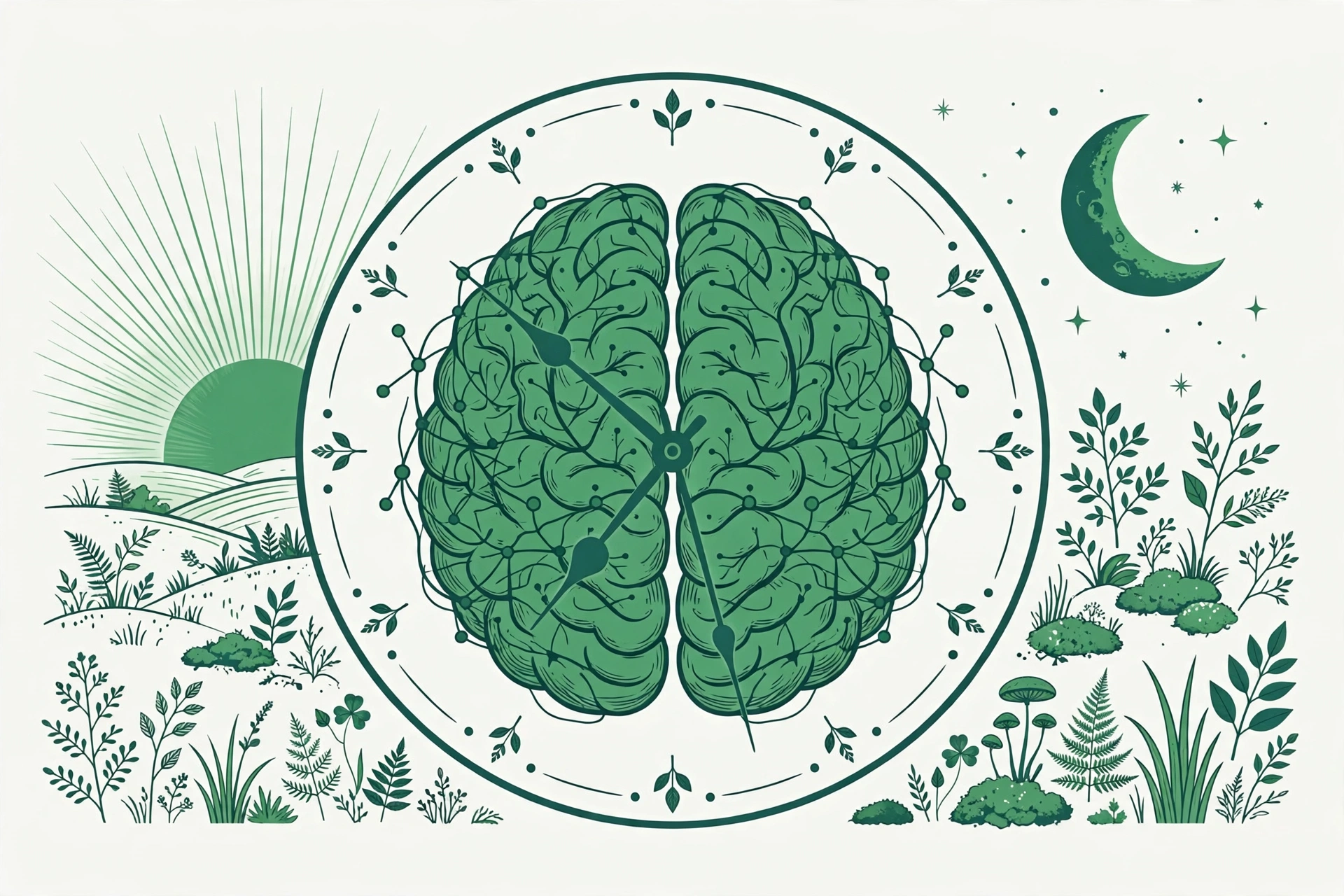 Cronobiologia: como o relógio interno regula sono e fome Relógio unido a cérebro humano com sol nascente e lua em tons de verde sobre fundo claro