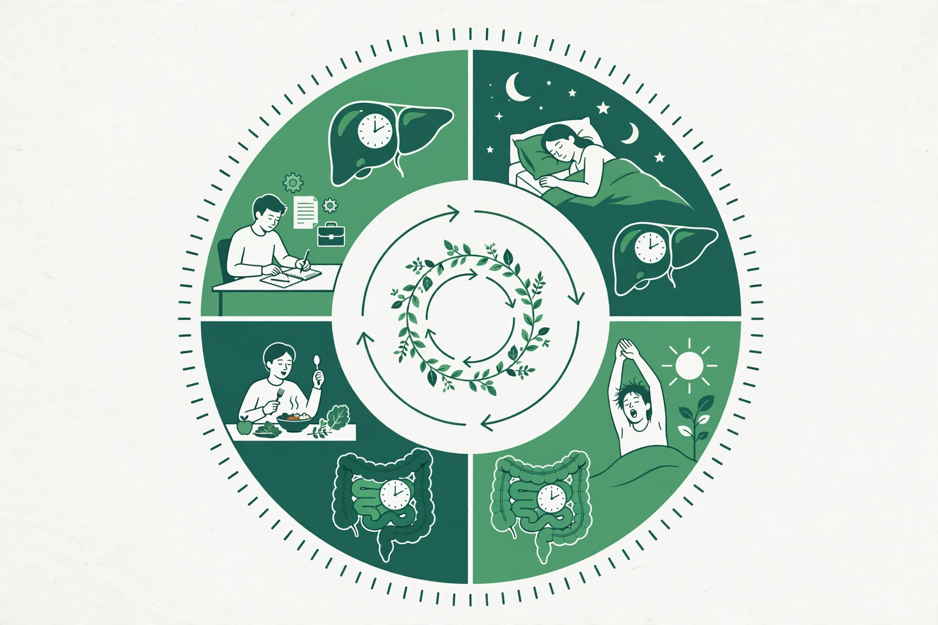 Cronobiologia: como o relógio interno regula sono e fome Roda do ciclo de 24 horas com sono, refeições e trabalho e relógios no fígado e no intestino