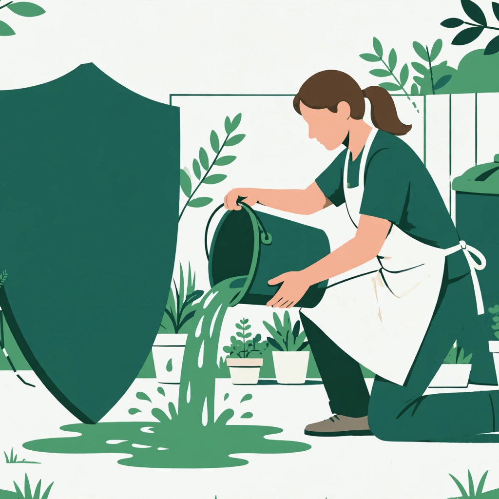 Pessoa esvaziando balde com água parada em quintal, com caixa de água tampada e mosquito afastado por escudo verde