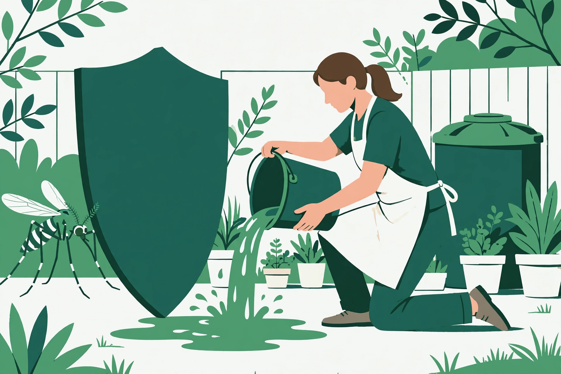 Dengue: prevenção que funciona e a vacina do SUS Pessoa esvaziando balde com água parada em quintal, com caixa de água tampada e mosquito afastado por escudo verde