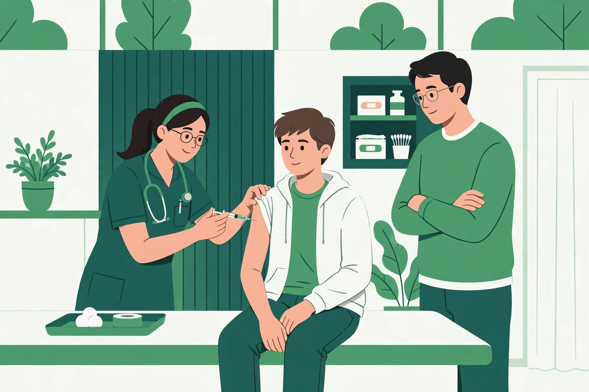 Dengue: prevenção que funciona e a vacina do SUS Adolescente recebendo vacina no braço em sala de vacinação, acompanhado por responsável, em tons de verde