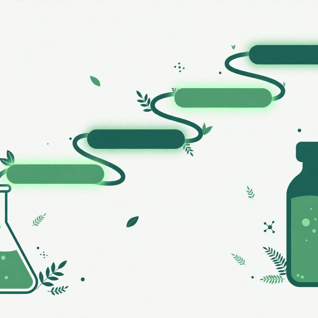 Ilustração de caminho com quatro degraus entre frasco de laboratório e frasco de medicamento em tons de verde