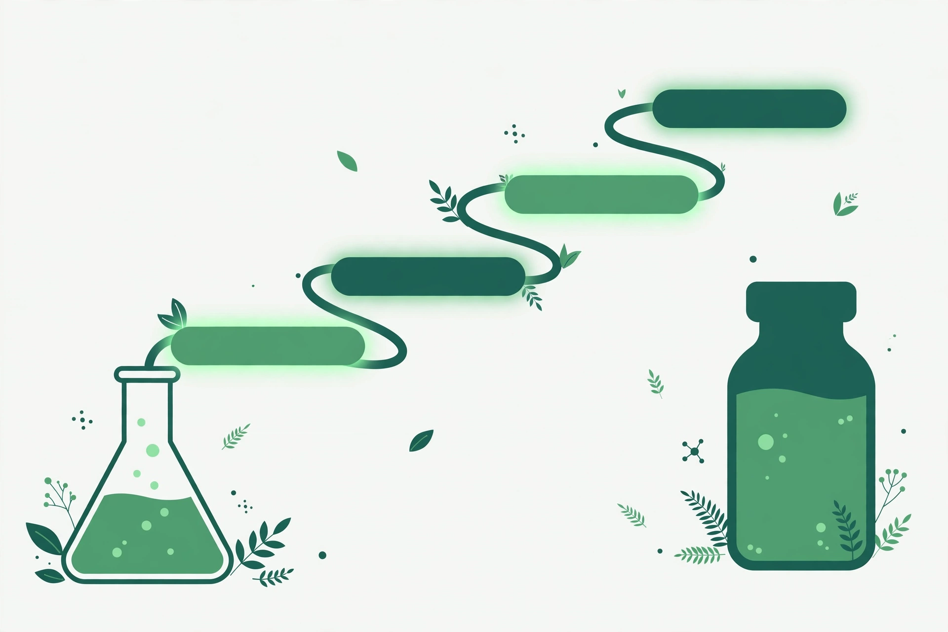 Ilustração de caminho com quatro degraus entre frasco de laboratório e frasco de medicamento em tons de verde