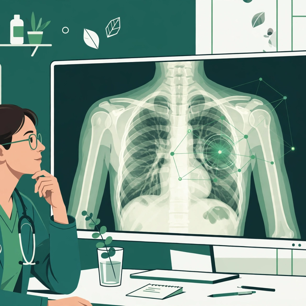 Médica analisando exame de tórax em monitor com marcações de inteligência artificial em verde
