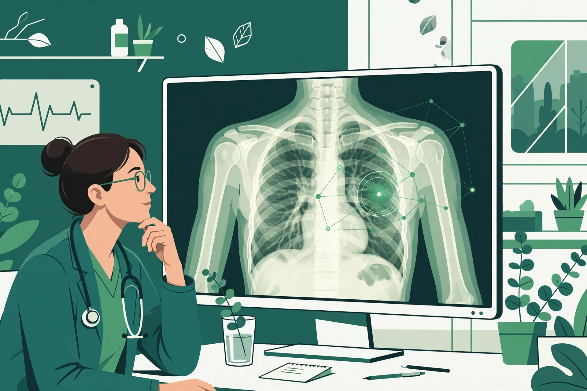 Médica analisando exame de tórax em monitor com marcações de inteligência artificial em verde