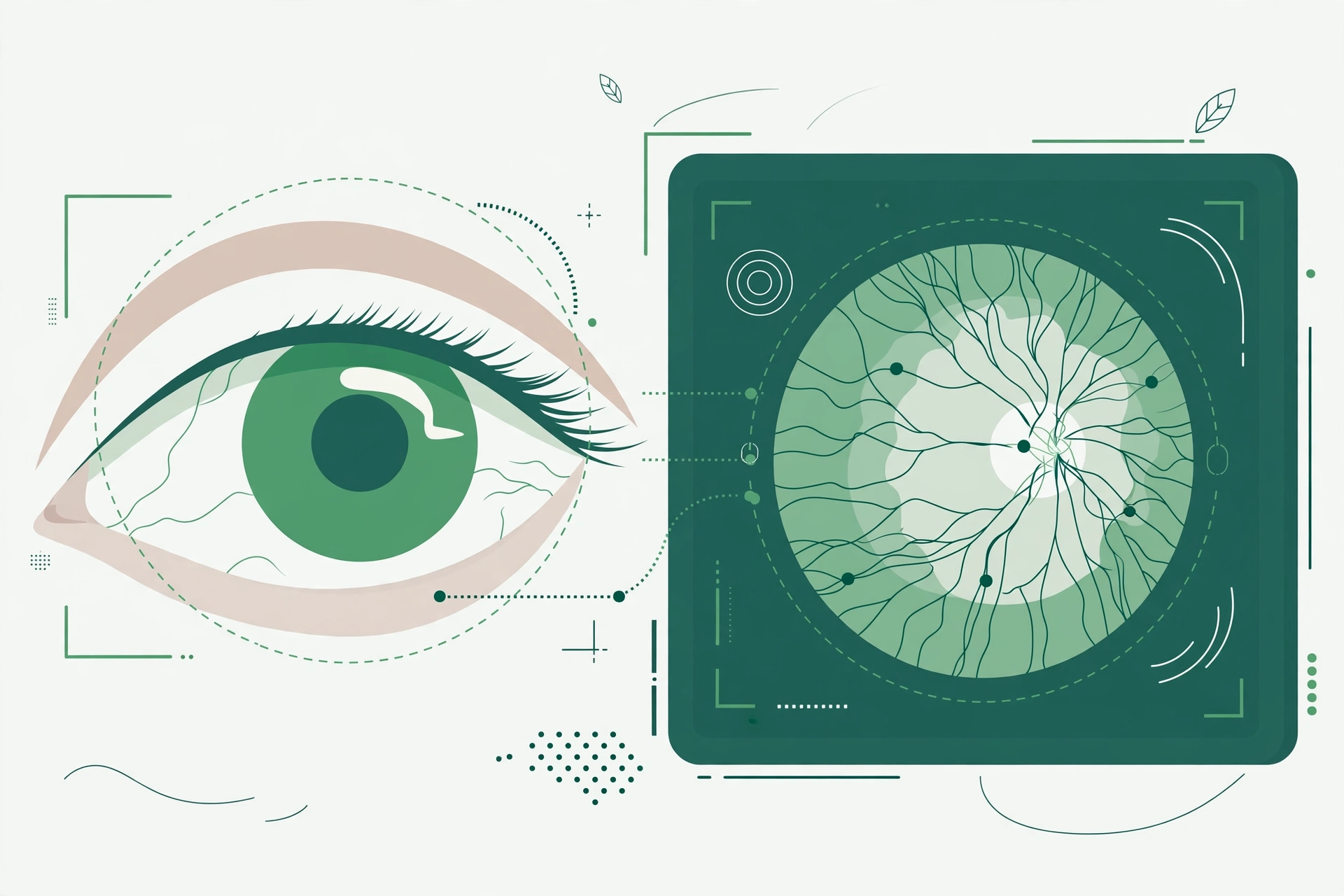 Olho humano e imagem da retina em tela com marcadores digitais de análise em tons de verde