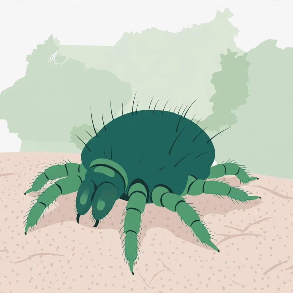 Ilustração de um ácaro sobre a pele com o mapa de Minas Gerais ao fundo, representando os surtos de sarna no estado