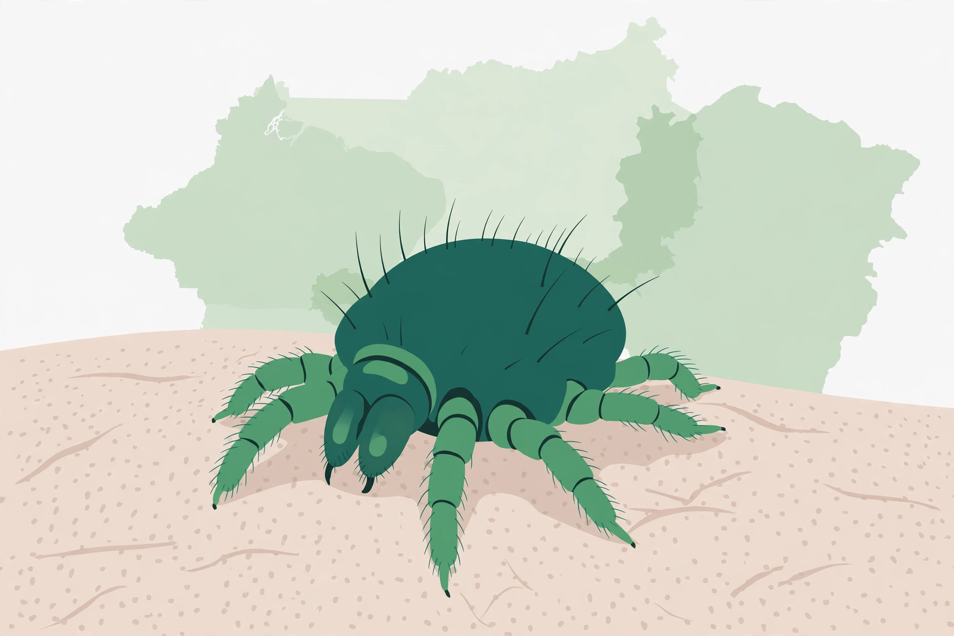 Ilustração de um ácaro sobre a pele com o mapa de Minas Gerais ao fundo, representando os surtos de sarna no estado
