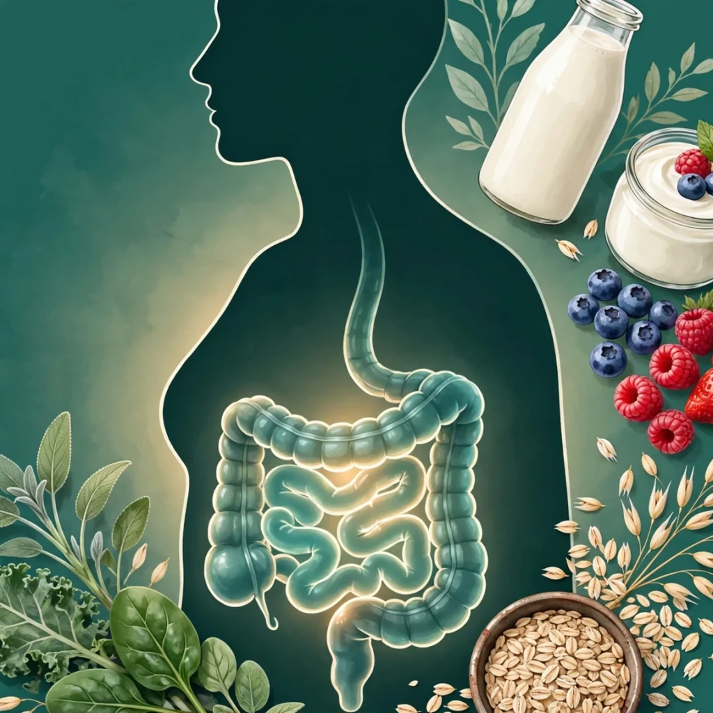 Guia de saúde intestinal 2026: intestino saudável cercado de alimentos ricos em fibras
