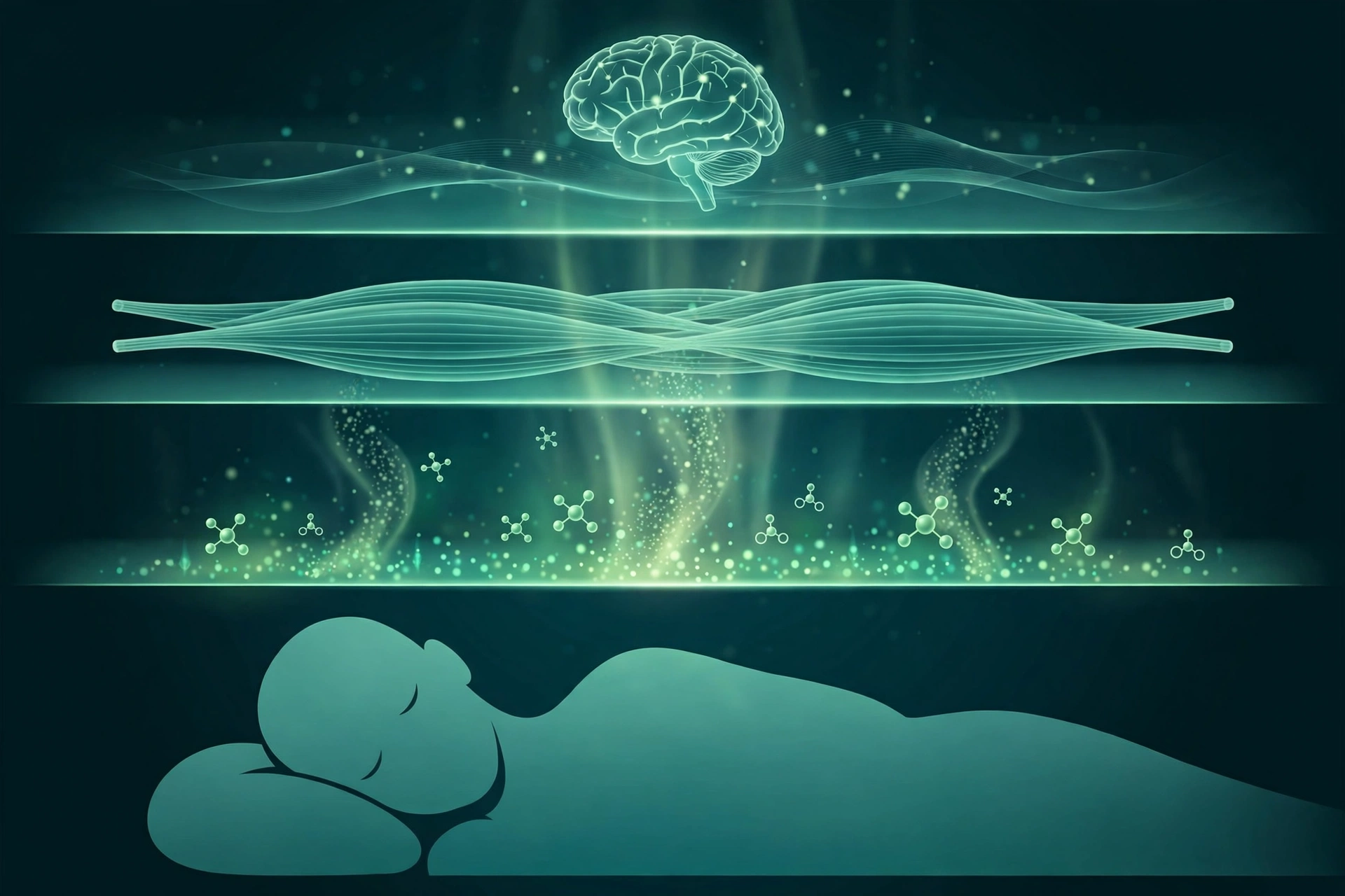 Magnésio para Dormir: Guia com Base Científica 2026 Ilustração em camadas do sono: cérebro acalmado, músculos relaxados e melatonina subindo durante a noite