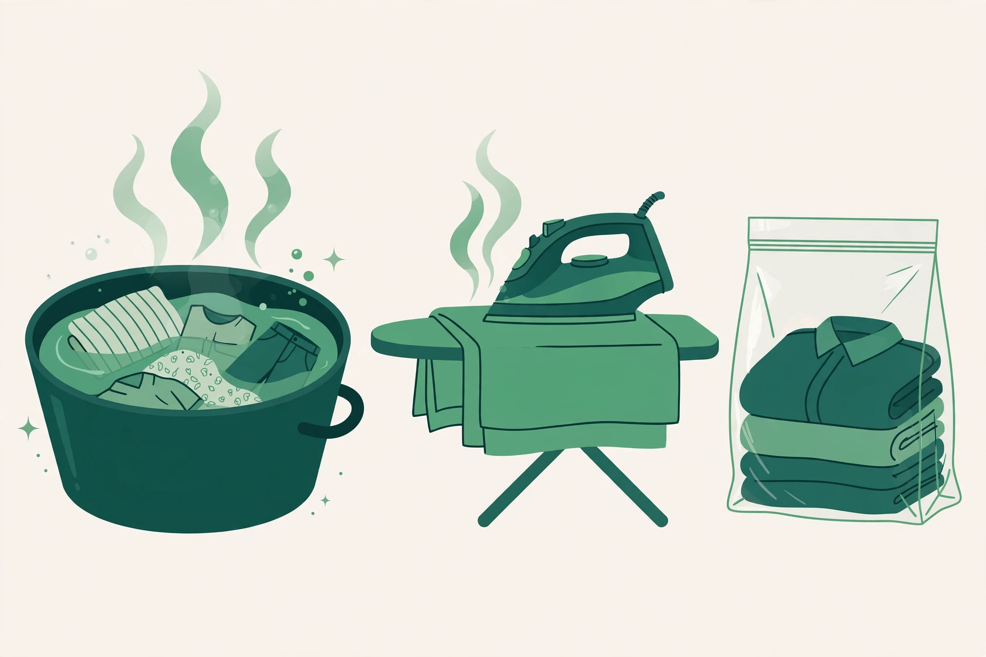 Ilustração de roupas de cama sendo lavadas com água quente e passadas a ferro, medida de prevenção contra a sarna