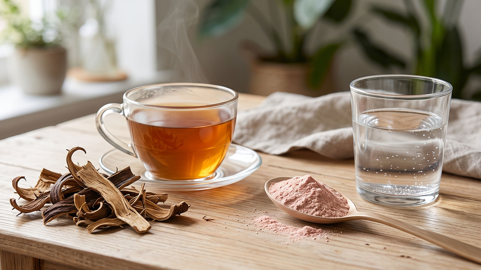Casca seca de unha-de-gato para decocção ao lado de pó de camu-camu rico em vitamina C natural.