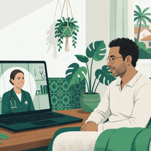 Paciente em casa em consulta por vídeo com médica na tela do notebook em ilustração verde