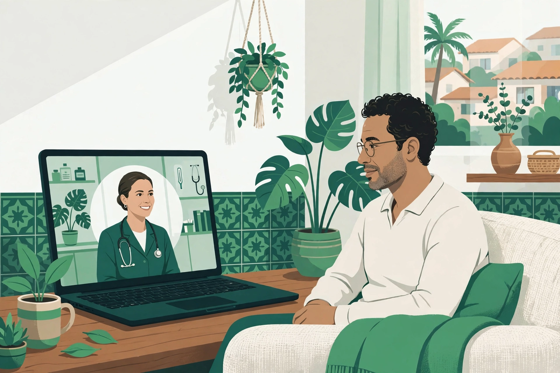 Telemedicina no Brasil: quando a consulta online funciona Paciente em casa em consulta por vídeo com médica na tela do notebook em ilustração verde
