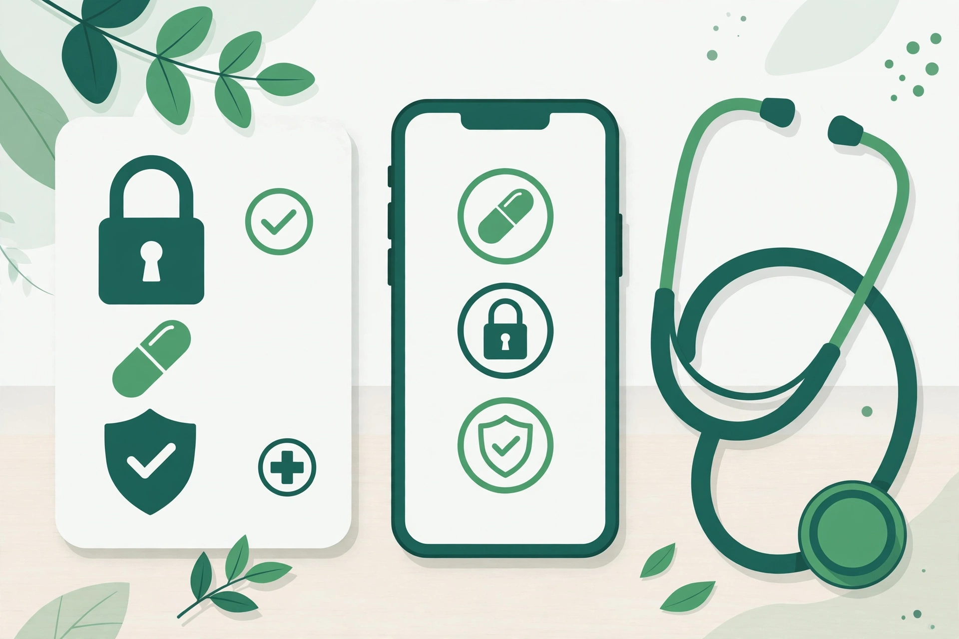 Telemedicina no Brasil: quando a consulta online funciona Receita digital com cadeado de privacidade ao lado de celular e estetoscópio em ilustração verde